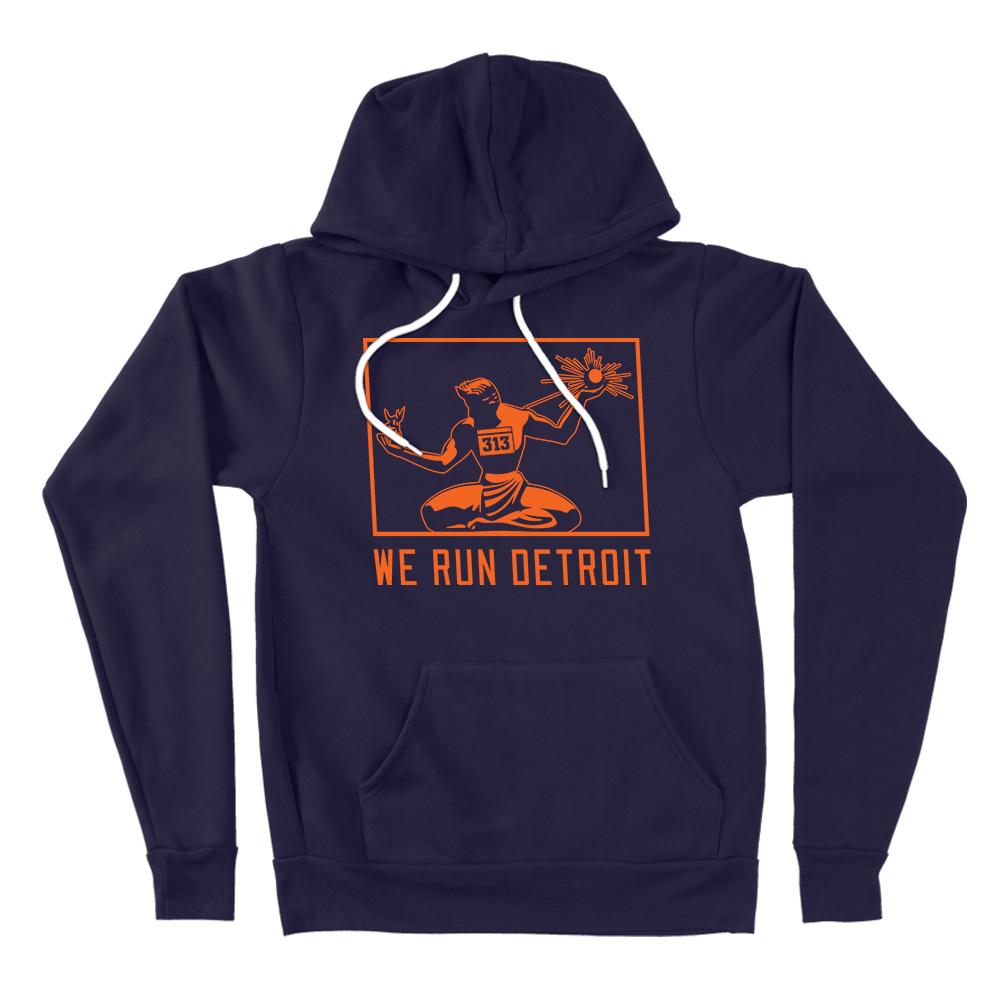 We Run Detroit Hooded Sweatshirt Navy and Orange